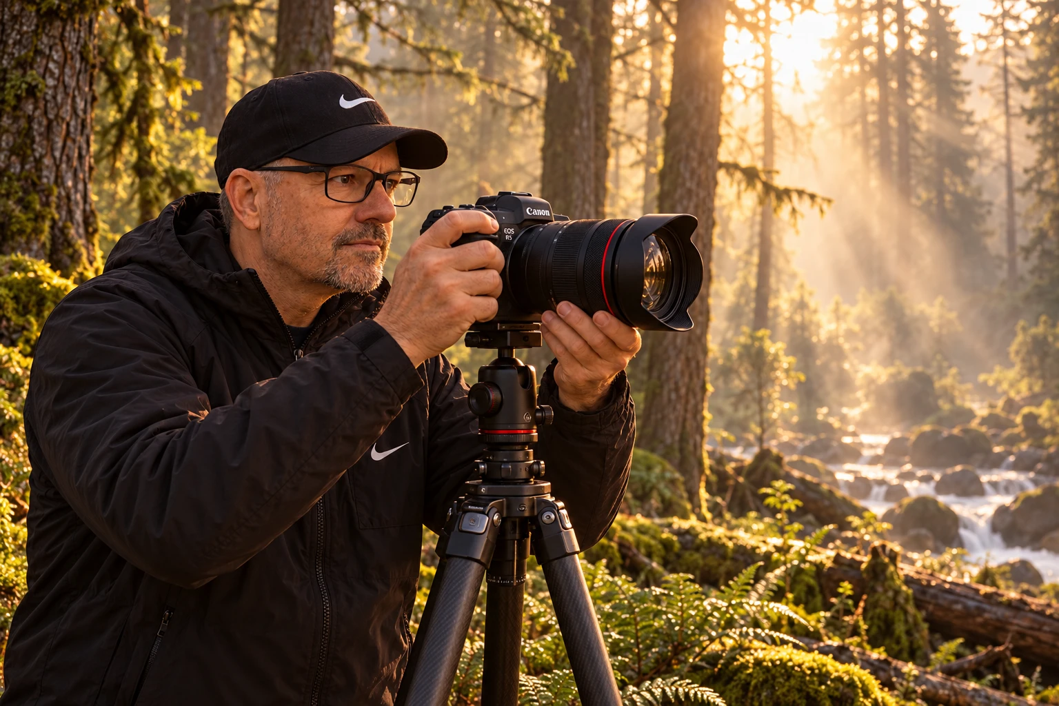 Tom Graf mit Kamera und Stativ im sonnendurchfluteten Wald